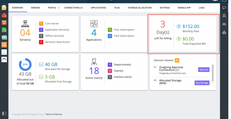 Administration Overview showing the summary of Billing