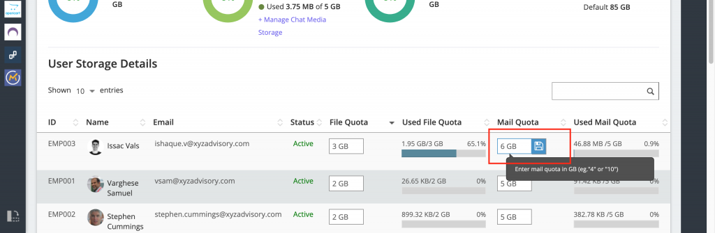 Increasing Mail Quota for a user