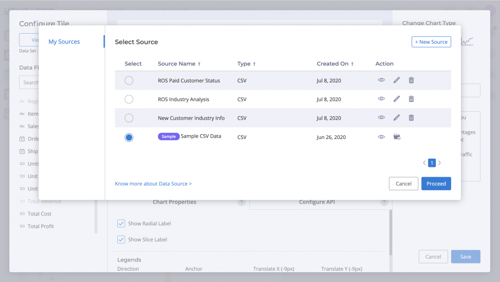 List of available data sources with selection indicating the one that is currently used