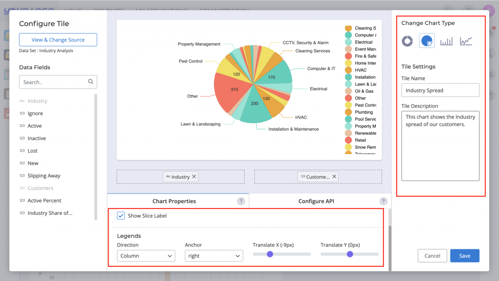 Adjust the labels and legends in the Chart properties section